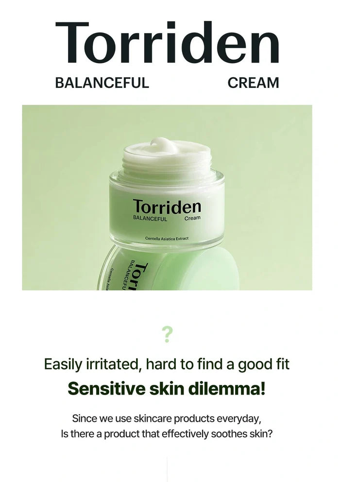 Torriden Balanceful Cream jar with promotional text on a light green background