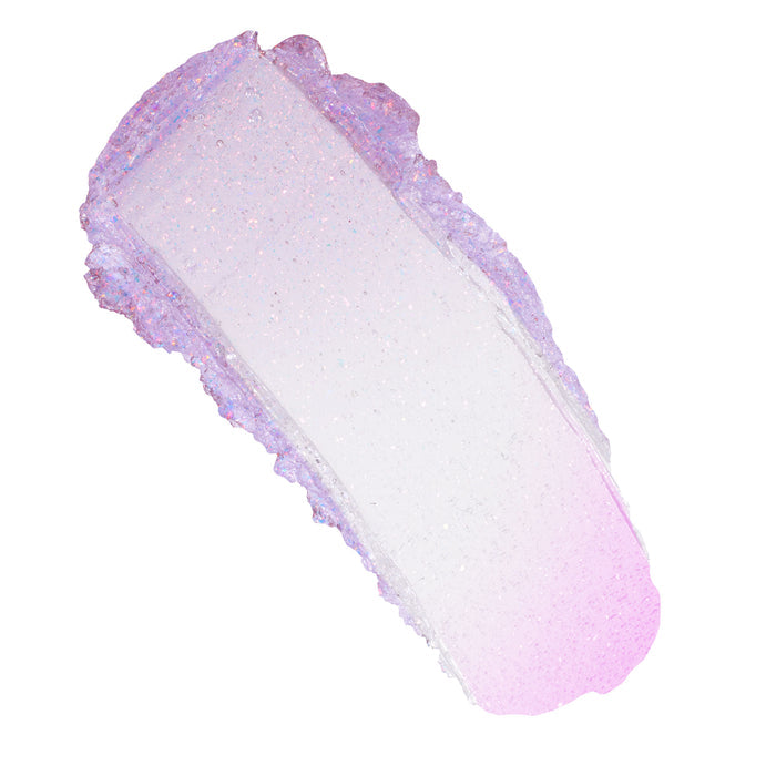 Shimmering clear-to-pink swatch of Transform pH Lip Balm, a color-changing balm with iridescent microglitter, shown as a smooth smear on a white background for texture detail; ColourPop pH Lip Balm.