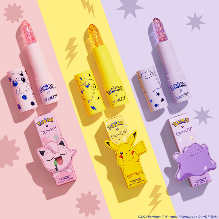 ColourPop pH Lip Balm Transform shown opened in a flatlay, glittery balm bullets in pink, yellow, and lavender tubes with Pokémon Jigglypuff, Pikachu, and Ditto art, set on pastel panels beside the matching boxes.