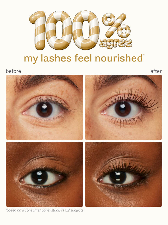 Before and after comparison of eyelashes with text indicating results.