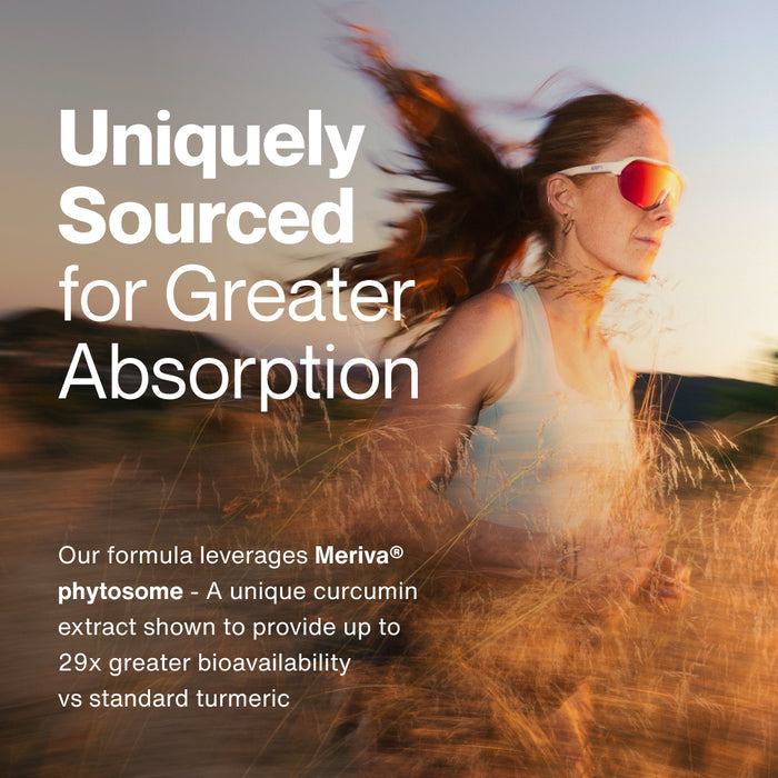 A woman runs through a sunlit field wearing sunglasses with motion blur in the grass around her. Text on the image reads: “Uniquely Sourced for Greater Absorption” “Our formula leverages Meriva® phytosome - A unique curcumin extract shown to provide up to 29x greater bioavailability vs standard turmeric”