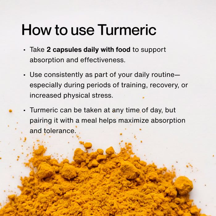 A pile of bright orange turmeric powder sits on a white background beneath instructional text. Text on the image reads: “How to use Turmeric” “• Take 2 capsules daily with food to support absorption and effectiveness.” “• Use consistently as part of your daily routine—especially during periods of training, recovery, or increased physical stress.” “• Turmeric can be taken at any time of day, but pairing it with a meal helps maximize absorption and tolerance.”