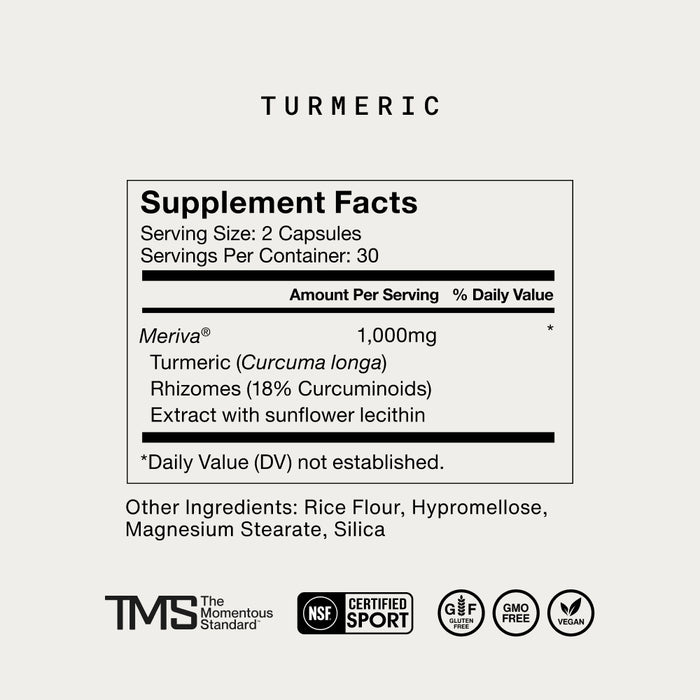 A Supplement Facts panel for Turmeric is displayed on a white background. Text on the image reads: “TURMERIC” “Supplement Facts” “Serving Size: 2 Capsules” “Servings Per Container: 30” “Amount Per Serving % Daily Value” “Meriva® 1,000mg *” “Turmeric (Curcuma longa) Rhizomes (18% Curcuminoids) Extract with sunflower lecithin” “*Daily Value (DV) not established.” “Other Ingredients: Rice Flour, Hypromellose, Magnesium Stearate, Silica” Logos shown: “TMS The Momentous Standard™” “NSF Certified Spor