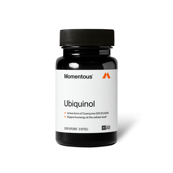 Product photo of a black Momentous Ubiquinol bottle on a plain black background. Label: Momentous, Ubiquinol, Active form of Coenzyme Q10 (CoQ10), Supports energy at the cellular level, Dietary Supplement, 30 Softgels, with NSF Certified Sport badge.
