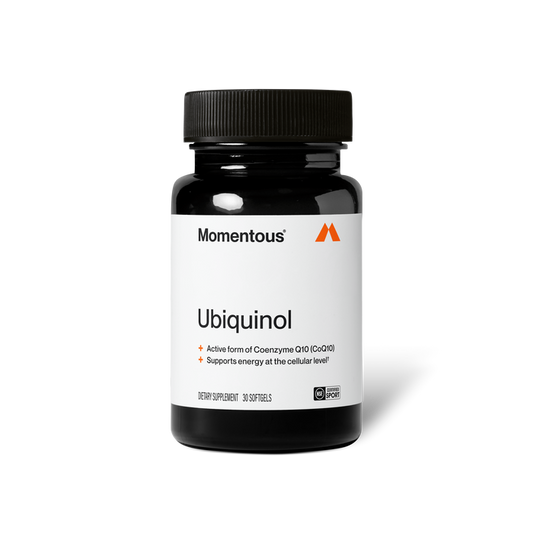 Product photo of a black Momentous Ubiquinol bottle on a plain black background. Label: Momentous, Ubiquinol, Active form of Coenzyme Q10 (CoQ10), Supports energy at the cellular level, Dietary Supplement, 30 Softgels, with NSF Certified Sport badge.