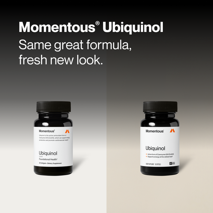 Black Momentous Ubiquinol bottle against a blurred green leafy background. Text: Ubiquinol, Outcomes & Benefits, Formulated for Superior Bioavailability, Kaneka Ubiquinol is the only bioidentical Ubiquinol on the market, Delivers 2x more absorption than traditional CoQ10. Bottle label: Momentous, Ubiquinol, Active form of Coenzyme Q10, Supports energy at the cellular level, Dietary Supplement, 30 Softgels.