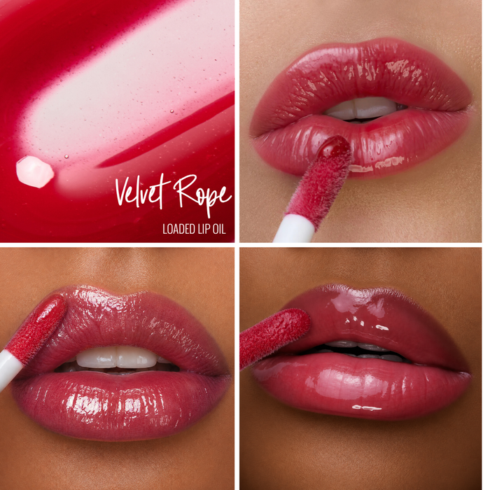 Collage of a red lip oil being applied to lips on 3 different skin tones in the shade 'Velvet Rope'
