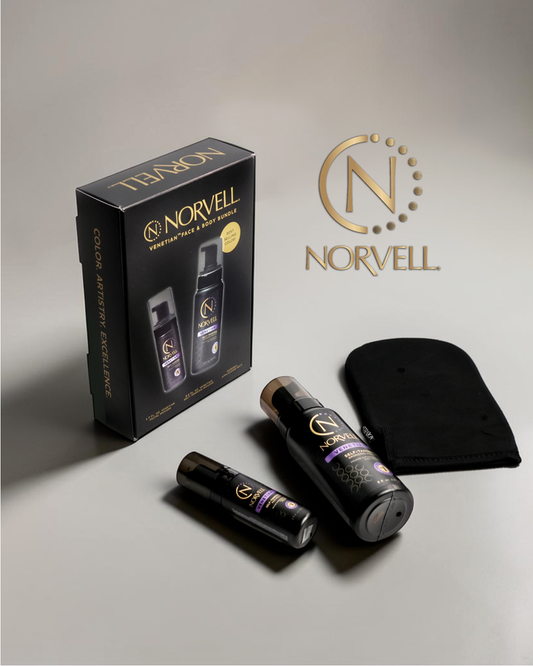 Norvell Venetian self-tanning face and body bundle with bottles, applicator mitt, and branded packaging