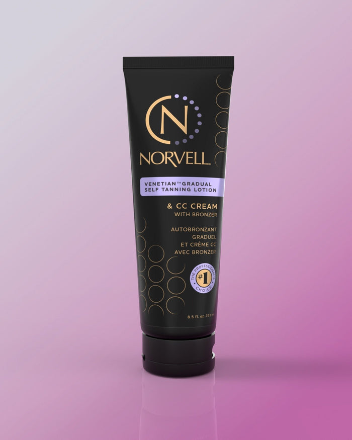 A tube of Norvell Venetian Sunless Self Tanner Lotion with CC cream benefits, indicating it can be used on face and body.