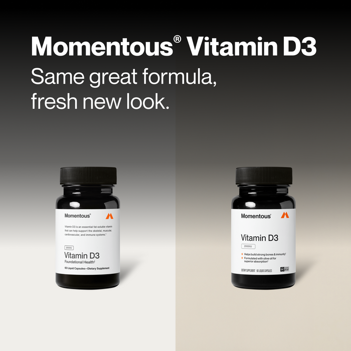 Two black bottles side by side against a black-to-white gradient background, split into two panels. Headline text: "Momentous® Vitamin D3" / "Same great formula, fresh new look." Left bottle label text: "Momentous" / "Vitamin D3 is an essential fat-soluble vitamin that can help support the skeletal, muscular, cardiovascular, and immune systems.†" / "2000IU" / "Vitamin D3 Foundational Health†" / "60 Liquid Capsules—Dietary Supplement."