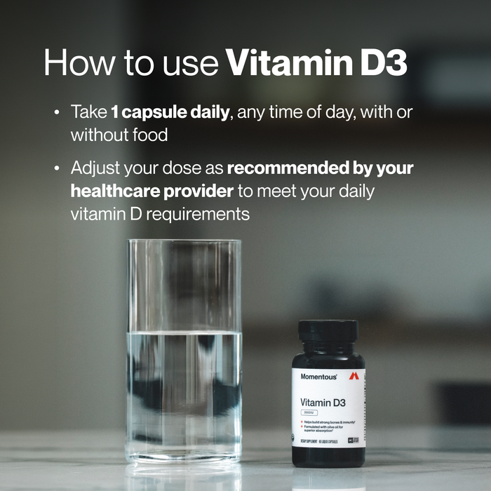 Dark blurred background image with a glass of water and a black Momentous Vitamin D3 bottle. Text: "How to use Vitamin D3" / "Take 1 capsule daily, any time of day, with or without food" / "Adjust your dose as recommended by your healthcare provider to meet your daily vitamin D requirements."