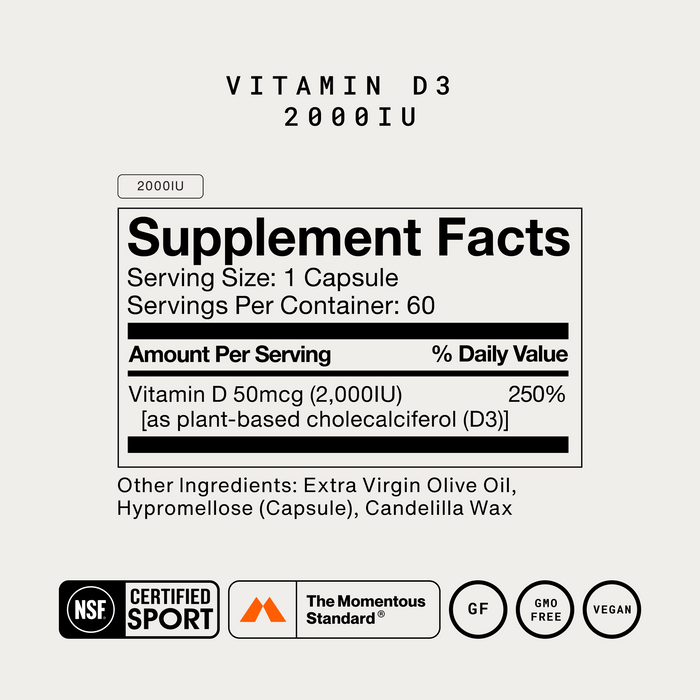 Supplement Facts label graphic. Text: "VITAMIN D3 2000IU" / "Supplement Facts" / "Serving Size: 1 Capsule" / "Servings Per Container: 60" / "Amount Per Serving % Daily Value" / "Vitamin D 50mcg (2,000IU) [as plant-based cholecalciferol (D3)] 250%" / "Other Ingredients: Extra Virgin Olive Oil, Hypromellose (Capsule), Candelilla Wax." Badges: "NSF Certified Sport," "The Momentous Standard," "GF," "GMO FREE," "VEGAN."