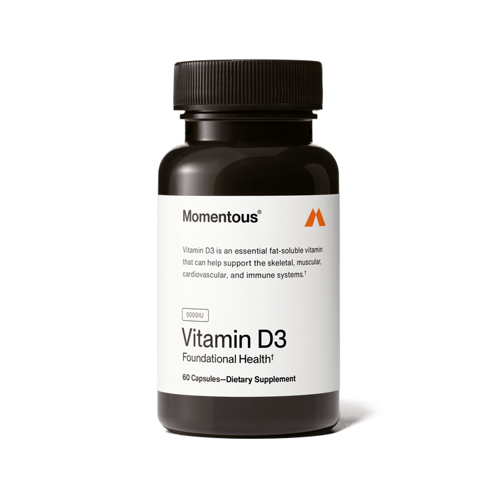 Black bottle of Momentous Vitamin D3 5000 IU, 60 capsules.