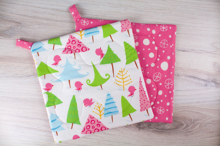 Winter Wonderland Potholder-The Blue Peony-Animal_Bird,Category_Pot Holder,Color_Pink,Department_Kitchen,Size_Traditional (Square),Theme_Animal,Theme_Winter,Theme_Woodland