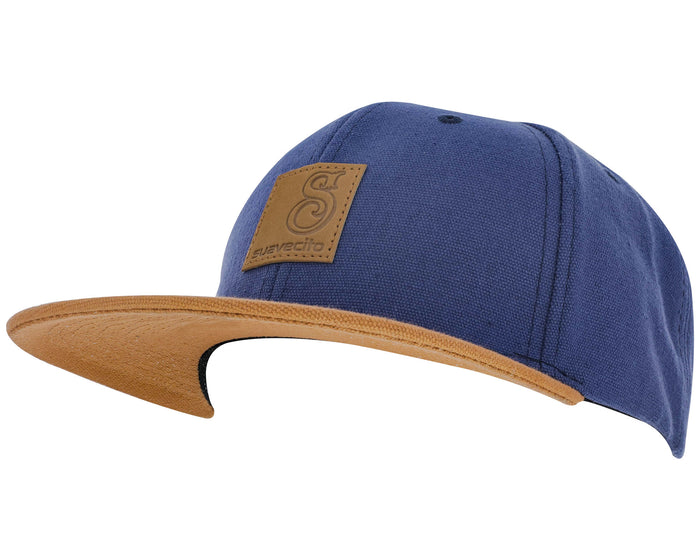 blue suavecito hat with brown bill, brown text and brown background "S suavecito"